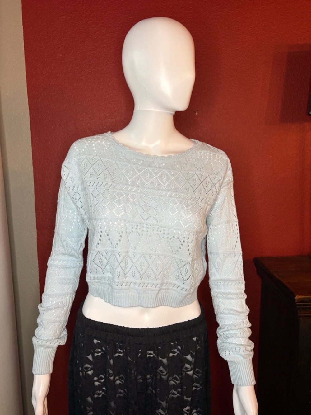 Sablyn Light Blue Open Knit Cropped Sweater | Long Sleeve Pullover